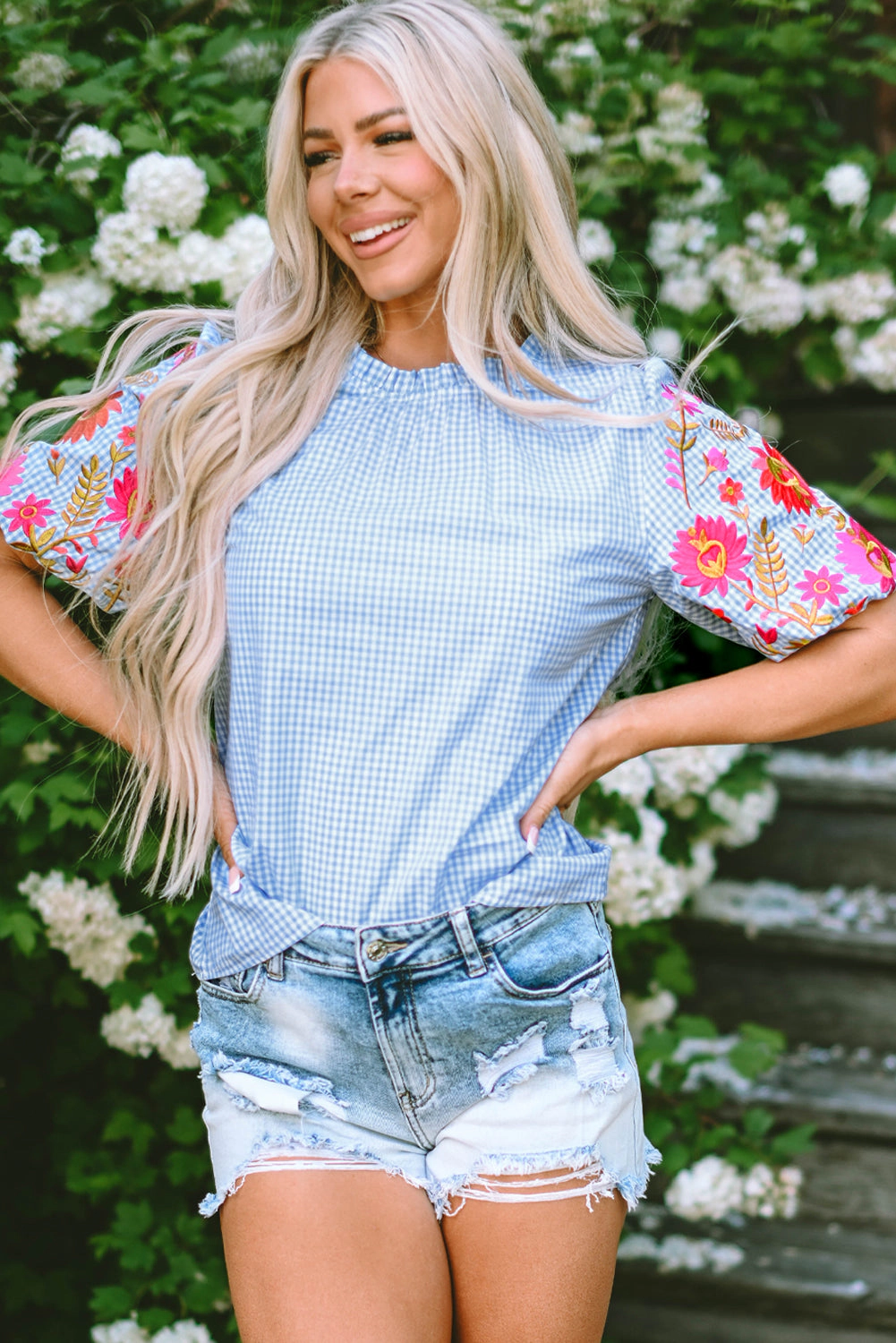 Threaded Pear Women's Pearl Gingham Floral Embroidered Puff Sleeve Blouse
