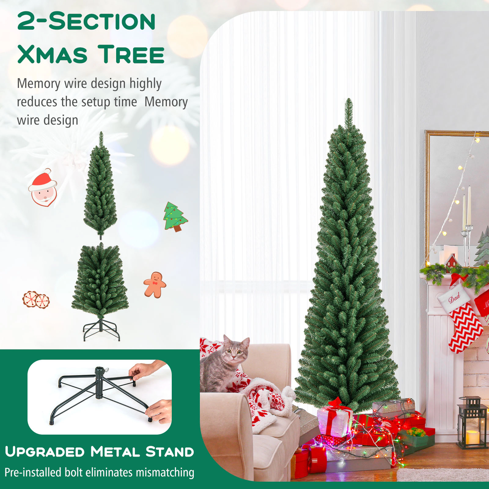 SUGIFT 6-ft Slim Pencil Artificial Christmas Tree, 392 Memory Wire Tips, Metal Stand
