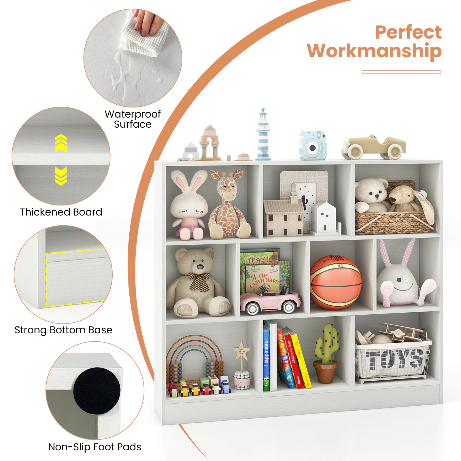 Hivvago 41 inches Wooden Toy Storage Organizer with 10 Cubes for Kids