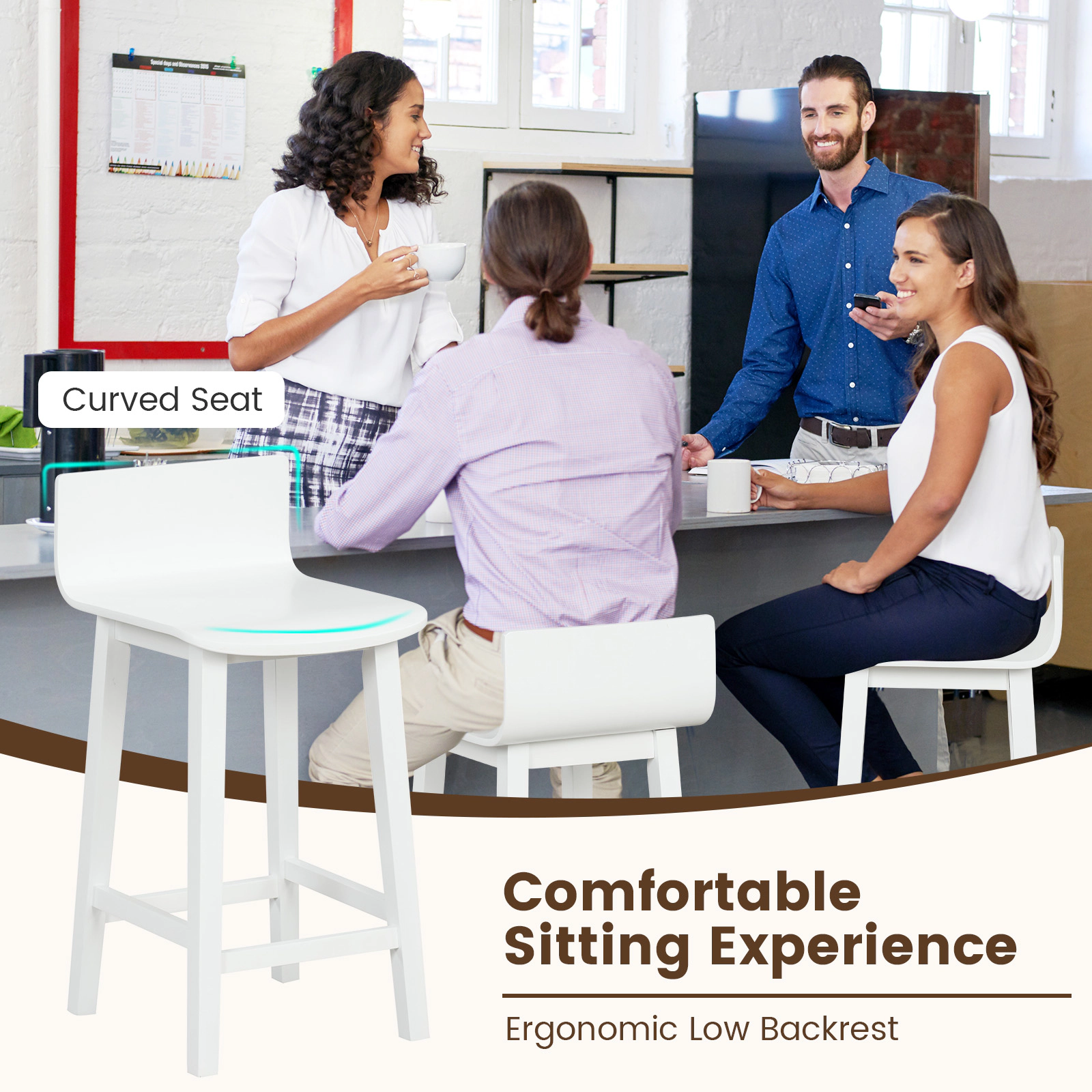 SUGIFT Solid Wood Bar Stools Set of 2 with Backrest 330-Lb Capacity 24.5-in Seat Height 15.5 x 17.5 x 30 in Frame White