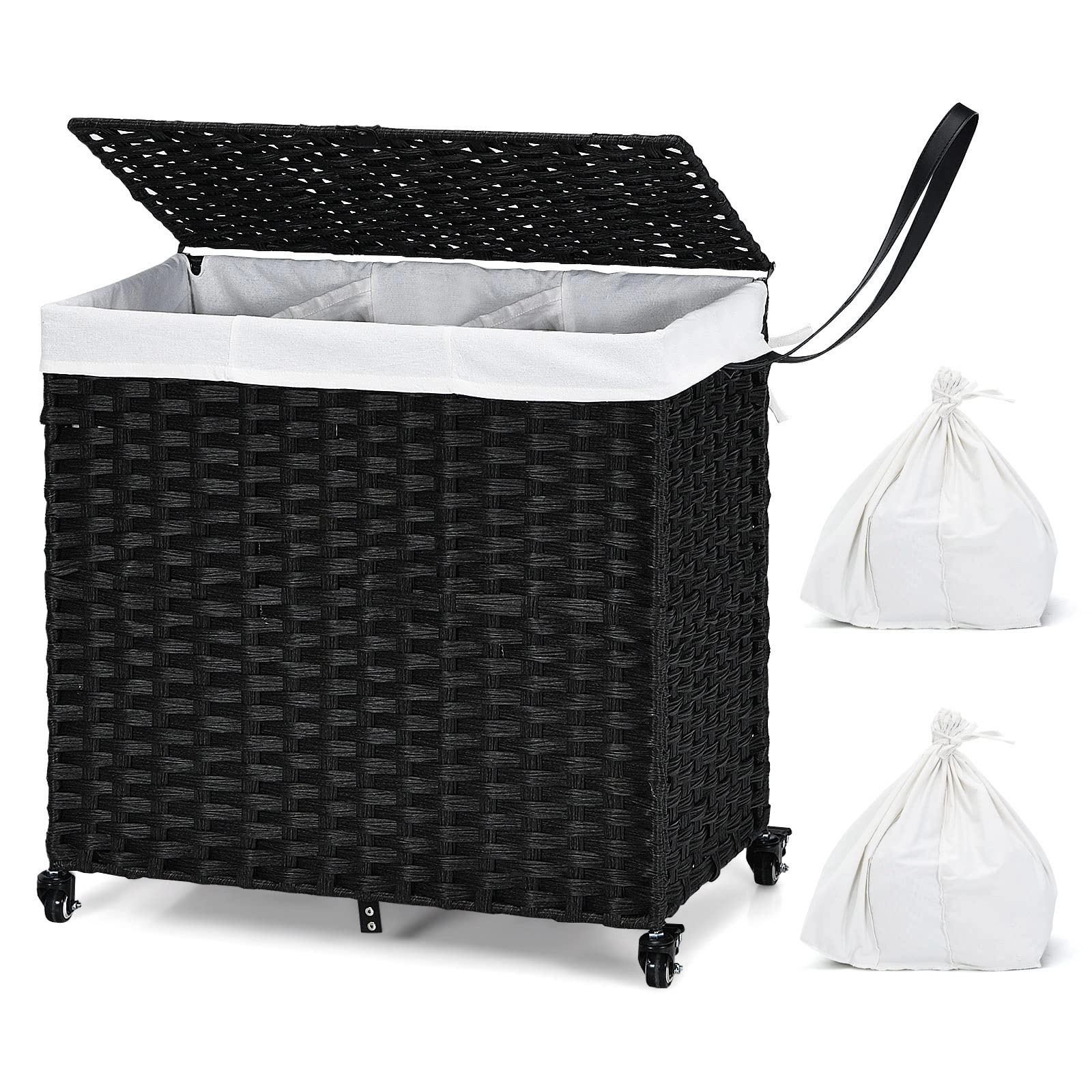 Glintex 125-Liter Rolling Laundry Hamper with PE Rattan and 2 Sorting Liners, Black