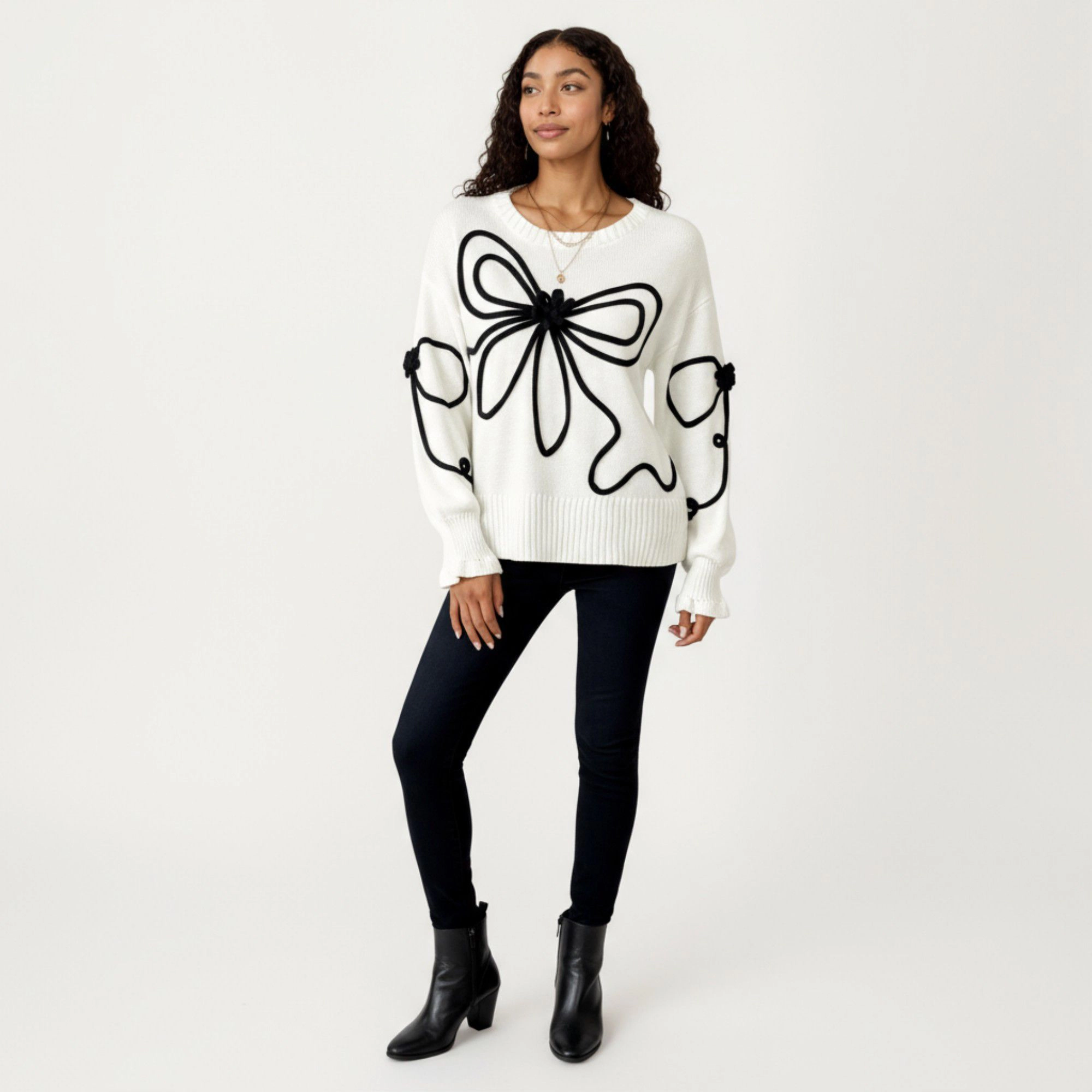 Anna-Kaci Women's Oversized Bow Embroidery Ribbed Trim Long Sleeve Knit Sweater