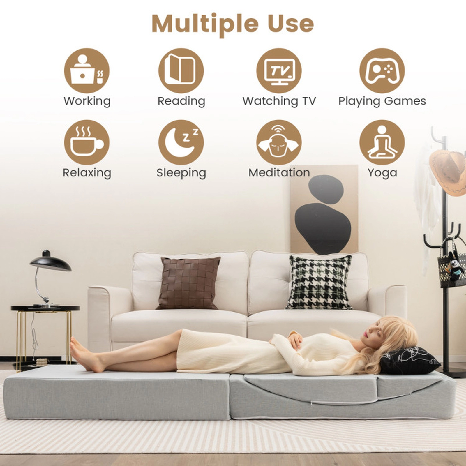 SUGIFT 4-in-1 Convertible Folding Sofa Bed High-Density Foam Single Bed Chaise Lounge 79 x 23 x 7-in Bed Gray