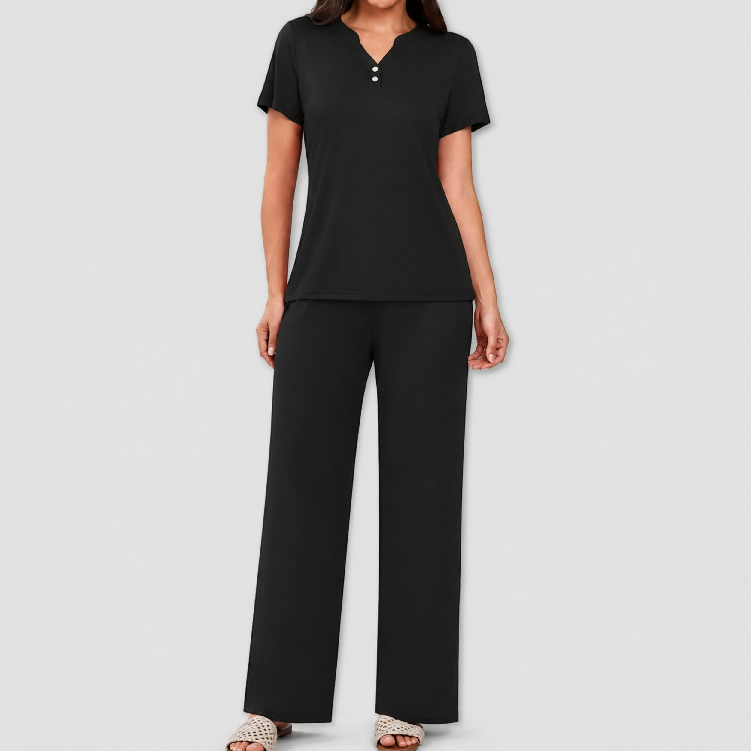 Ekouaer Women's Short Sleeve Henley Pajama Set