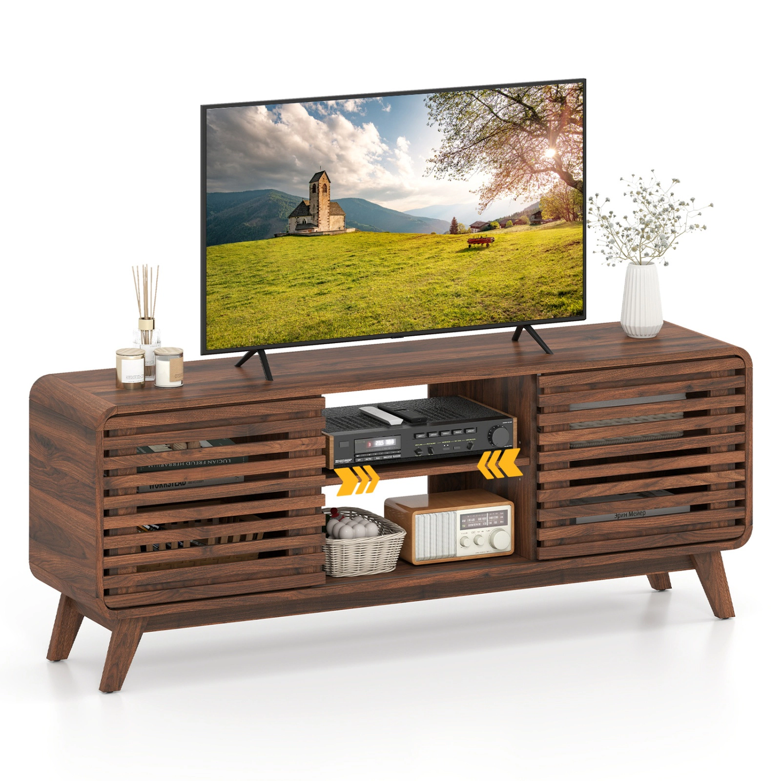 SUGIFT Mid Century Modern Entertainment Center TV Stand Grille-Style Sliding Doors 100-lb Tabletop 3 Adjustable Shelves