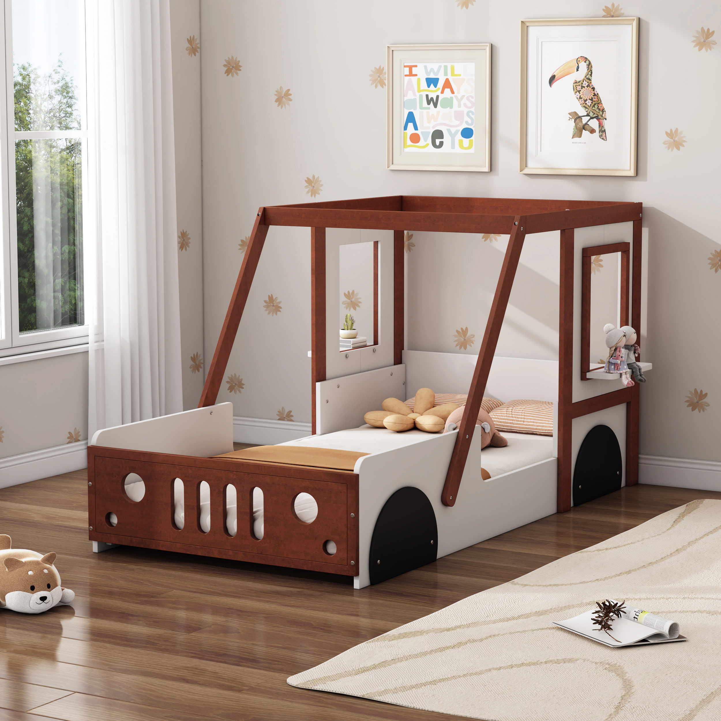 Flynama Twin Car-Shaped Kids Platform Bed, Fun Play Design, White & Orange