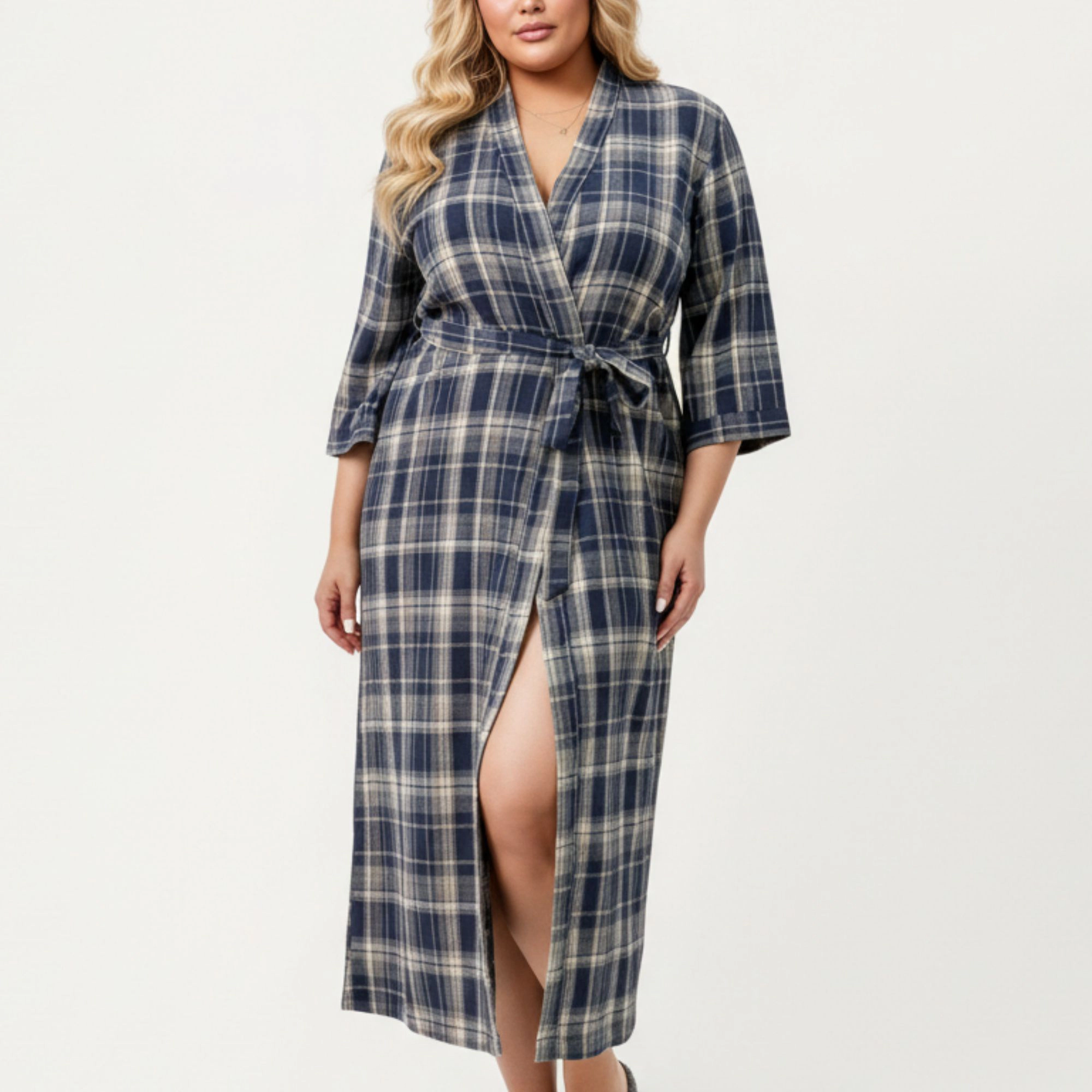 Anna-Kaci Women's Plus Plaid Long Robe with Brushed Texture Adjustable Waist Tie and Three-Quarter Sleeves