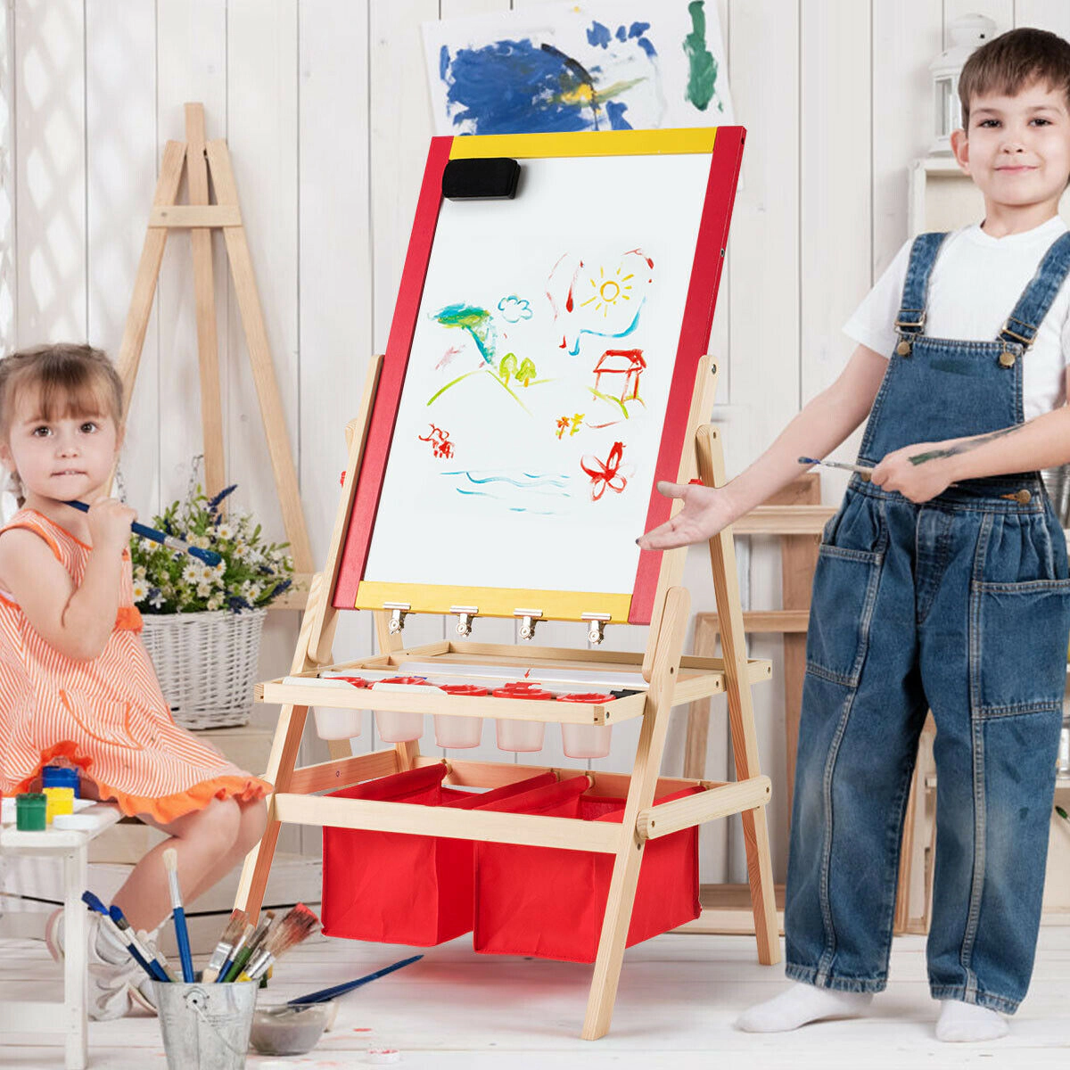 SUGIFT Flip-Over Double-Sided Kids Art Easel with Magnetic Blackboard and Whiteboard 20.5-in Frame Ages 3+ Multicolor