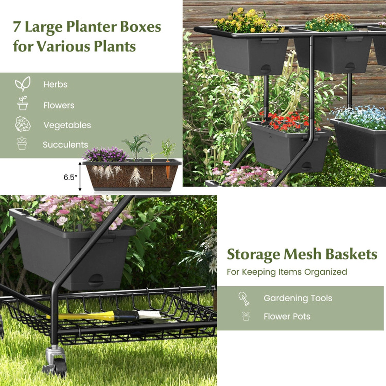 SUGIFT 7-Box 11-lb Per-Box Vertical Raised Garden Bed with 2 Storage Baskets and 4 Locking Casters