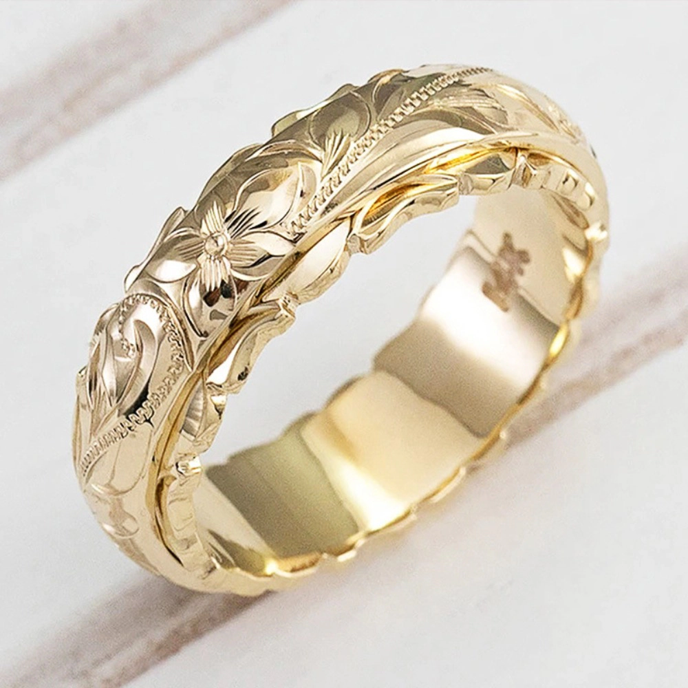 Hawaiian Floral Engraved Band Ring Vintage Carved Flower Wedding