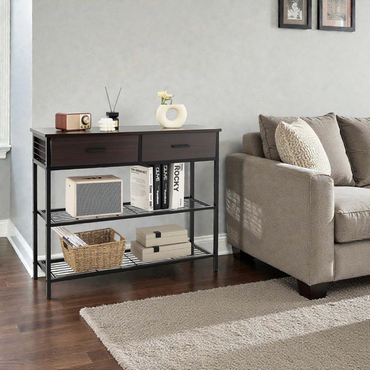Hivvago Functional 39.5" Hallway Table with Drawers and Two-Level Storage