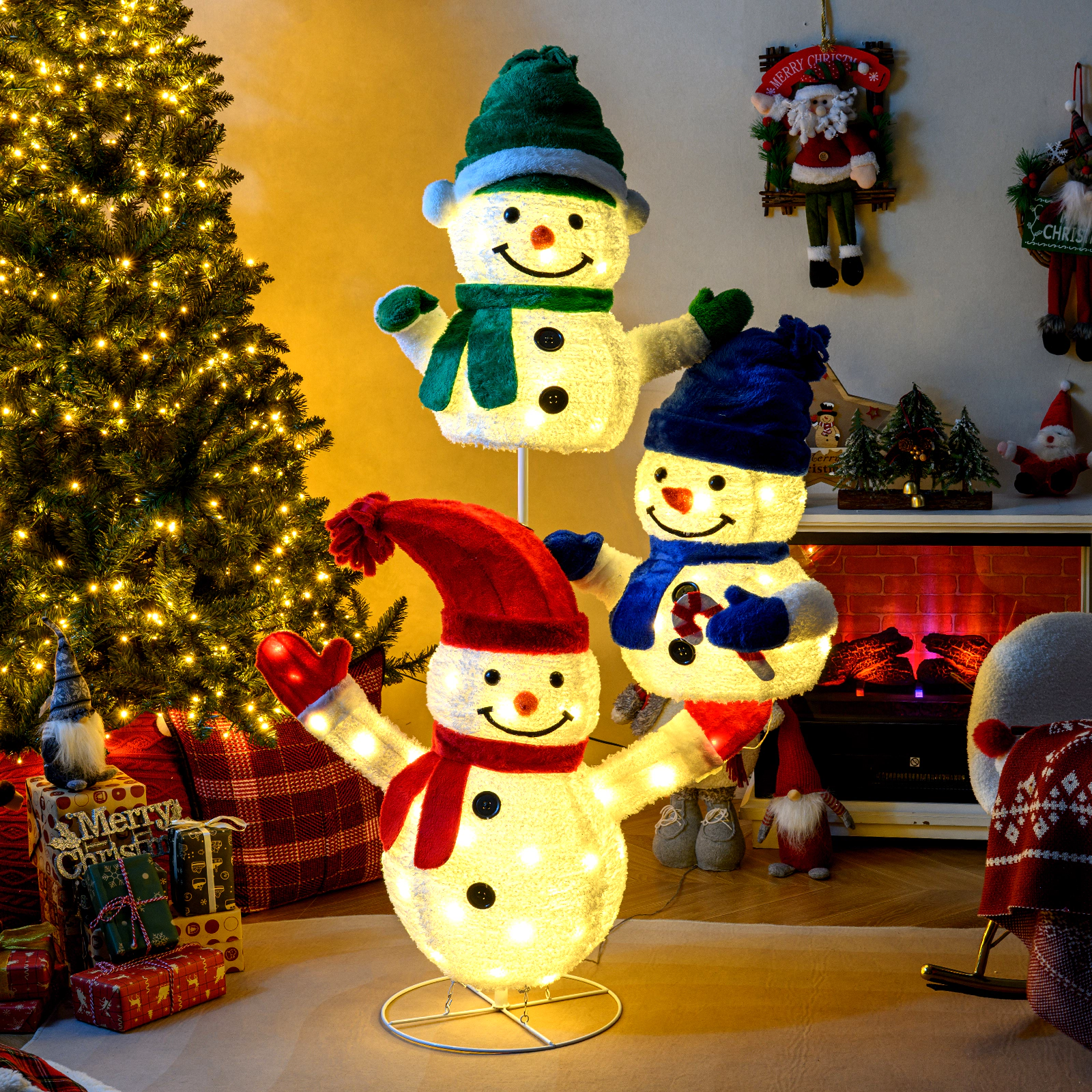 SUGIFT White 5-ft Stacked Snowman Lighted Christmas Decoration with 110 LED Lights Hats and Scarves