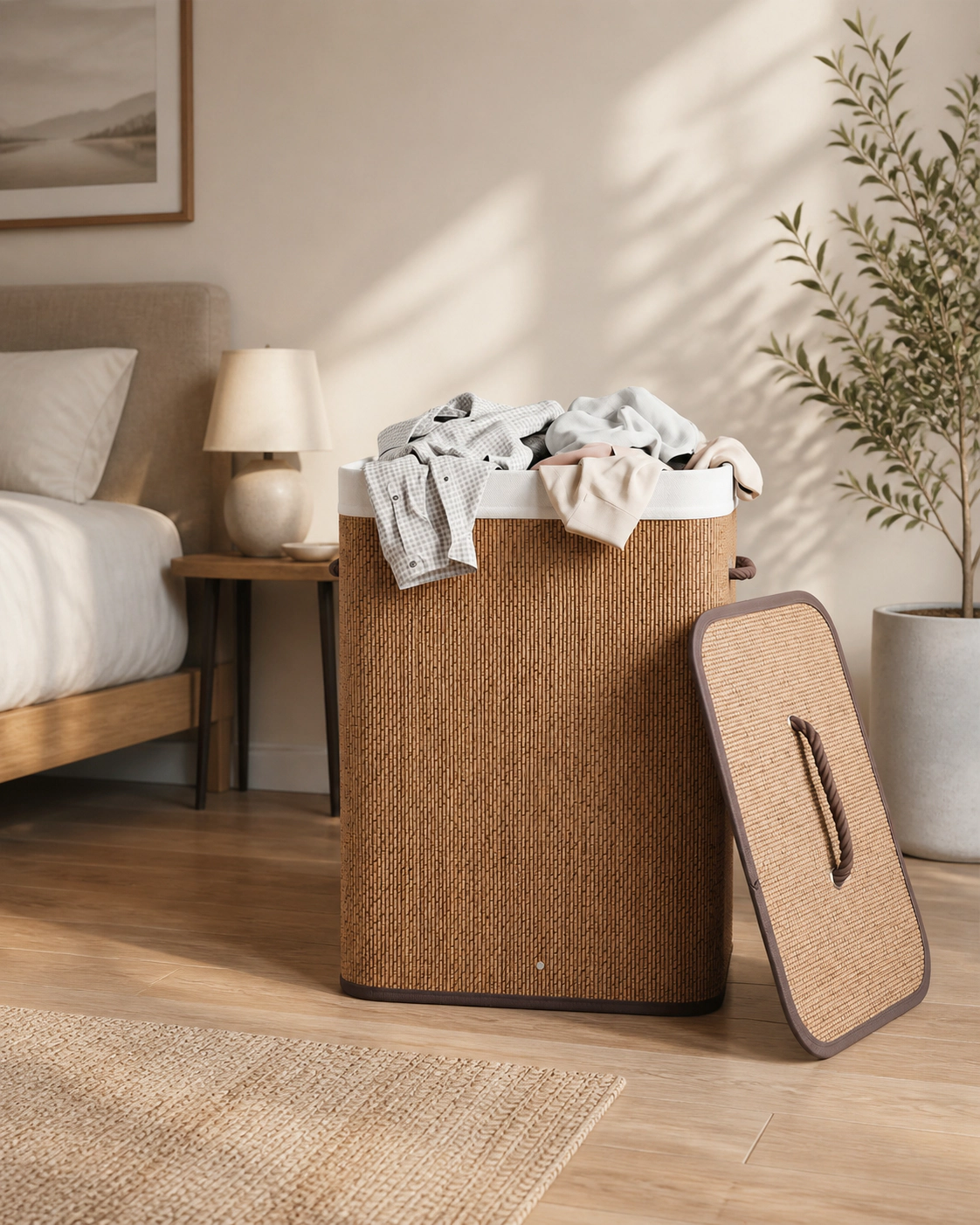 SUGIFT Brown 19-gal Bamboo Clothes Hamper with One-Hand Lid Handle Removable Liner and Side Handles