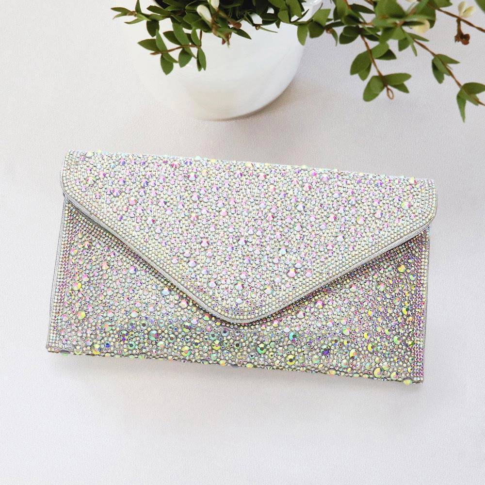 FASHNZFAB Bling Stone Studded Flap Envelope Evening Clutch Crossbody Bag