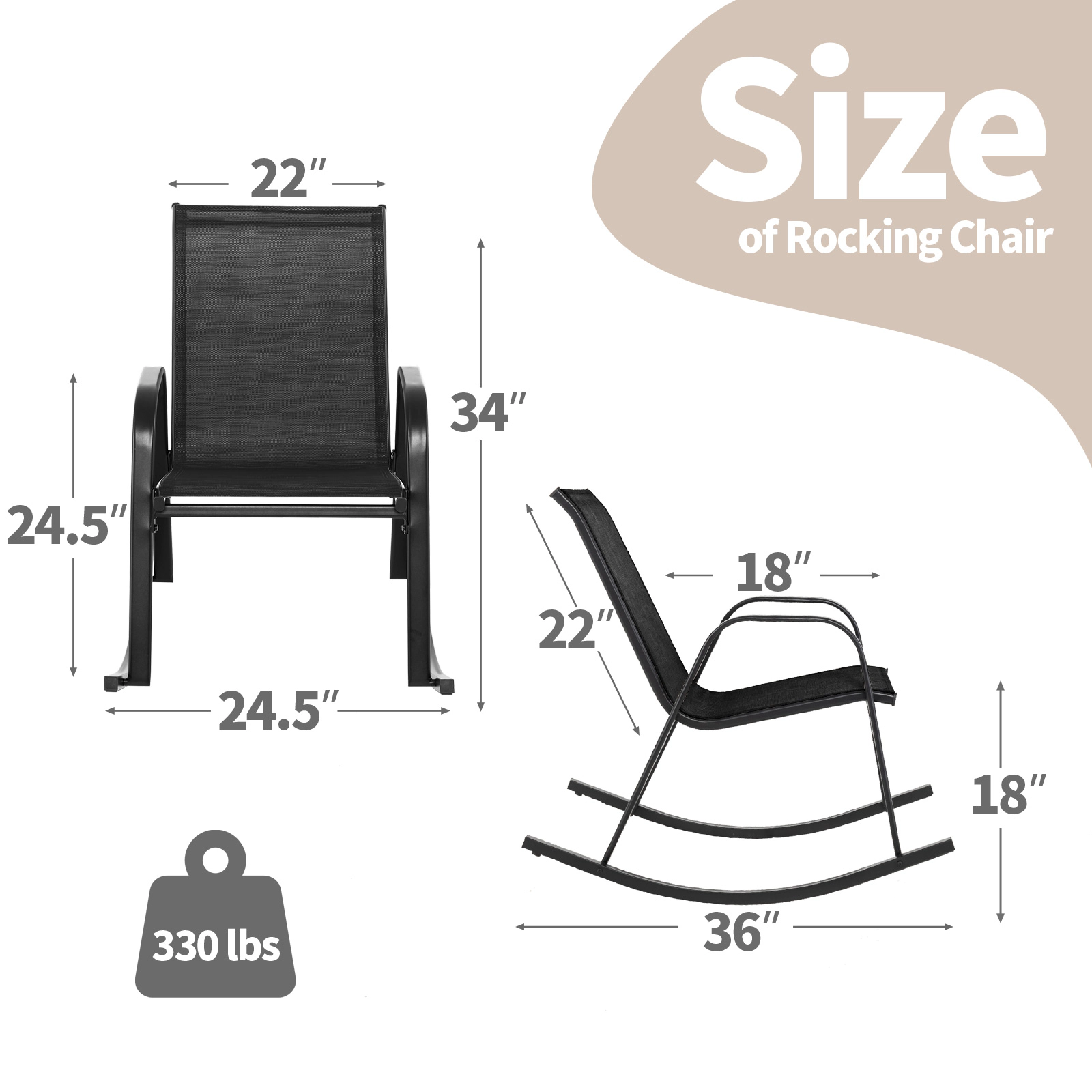 SUGIFT Set of 2 Metal Patio Rocking Chairs with Breathable Seat Fabric Metal Frame 330-Lb Capacity Black