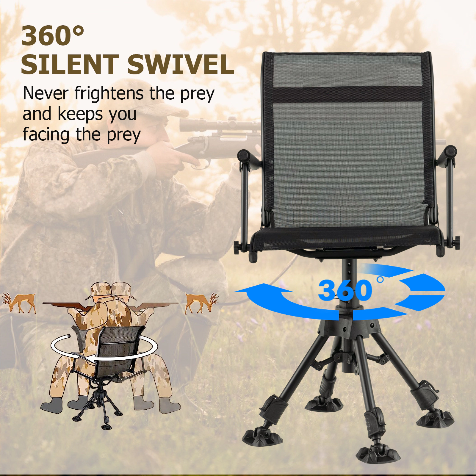 SUGIFT 330 lb 360-Degree Silent Swivel Camping Chair with Adjustable Legs and Mesh Seat