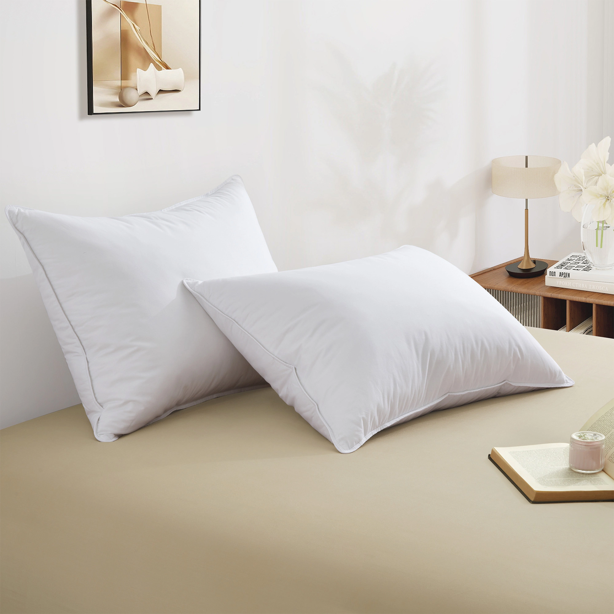 Unikome 2-Pack 100% Cotton High Loft Goose Feather & Down Pillows, Medium Support