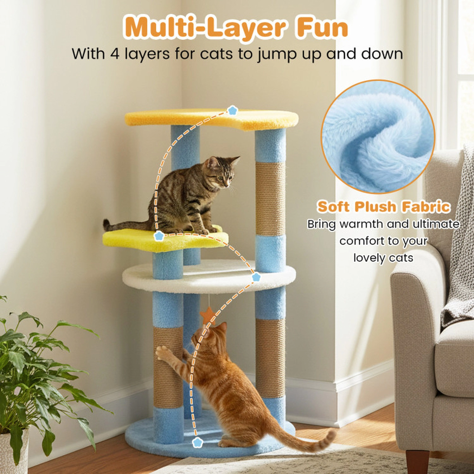 SUGIFT 29-in Blue Modern Cat Tree with Star and Moon Shaped Platforms and Jute Scratching Posts
