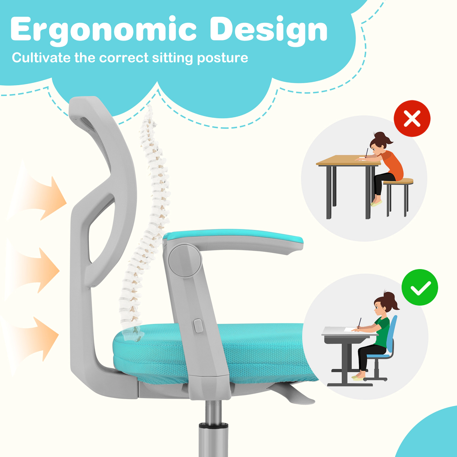 SUGIFT Adjustable Height Armrests and Height-Adjustable Footrest Kids Study Chair