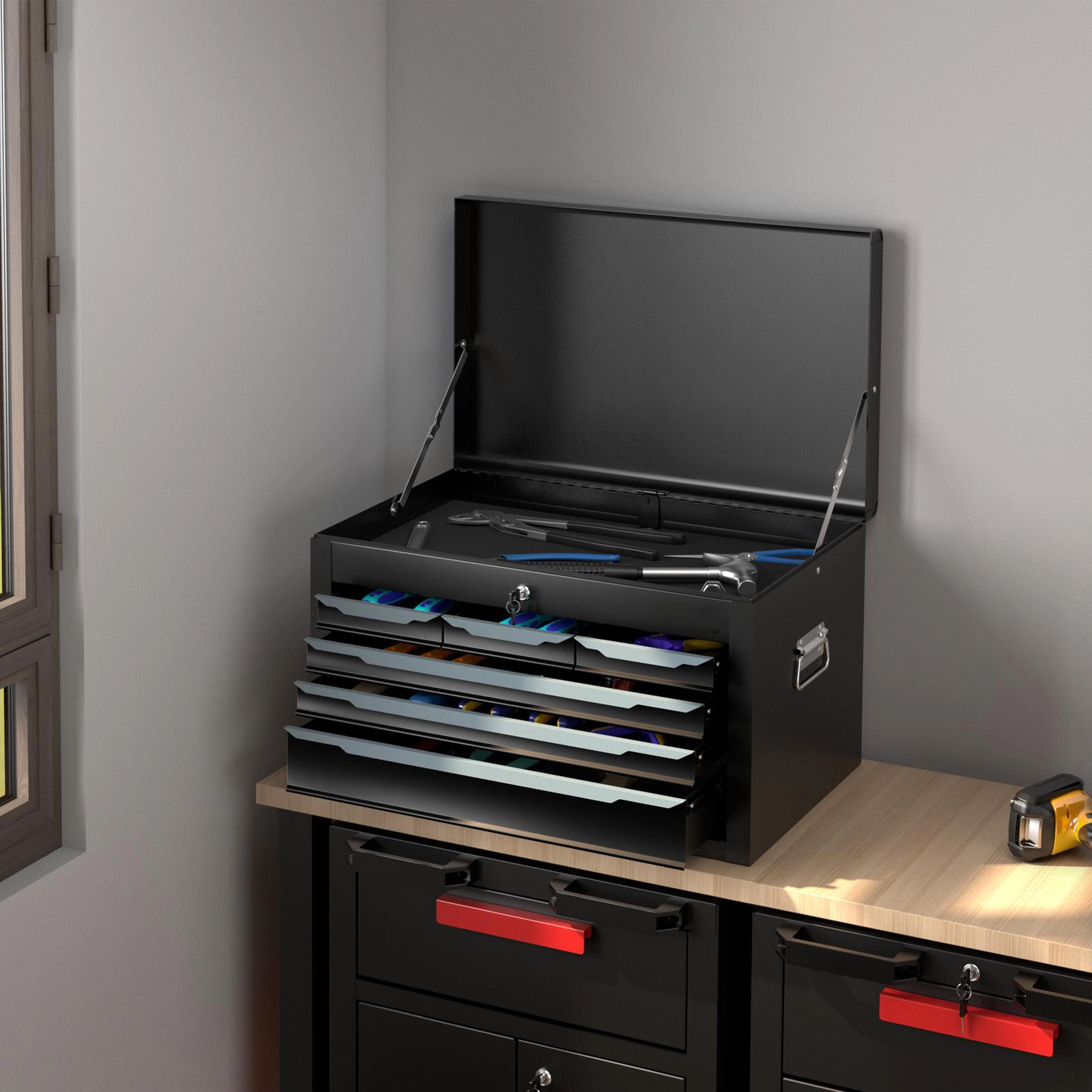 SUGIFT 6-Drawer Lockable Top Compartment Steel Tool Chest Case 24-in x 10.5-in x 14-in 120-lb Capacity Black