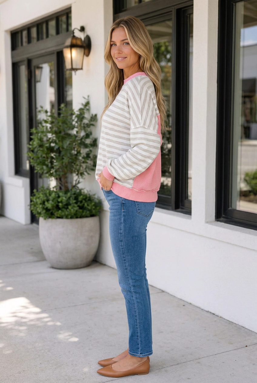 Threaded Pear Women's Melinna Rib Trim Striped Long Sleeve Top