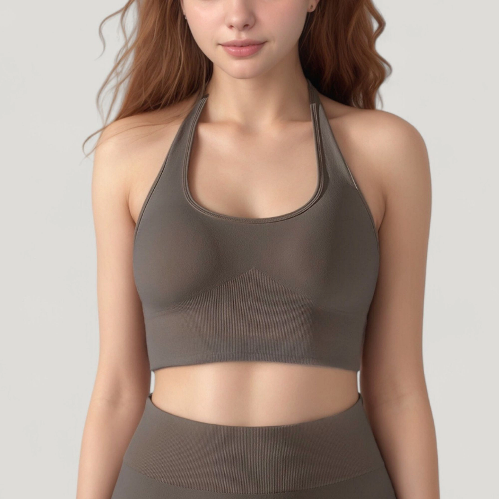 Anna-Kaci Women's Seamless Halter Neck Athletic Crop Top with Ribbed Detailing