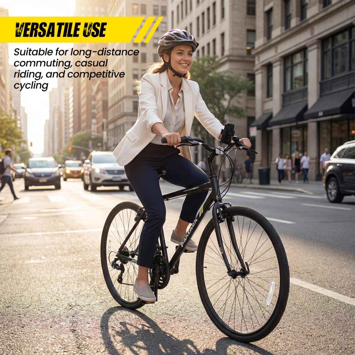 LJG 700C Hybrid Bike for Adult with 18-Speed Shimano Drivetrain and Phone Holder