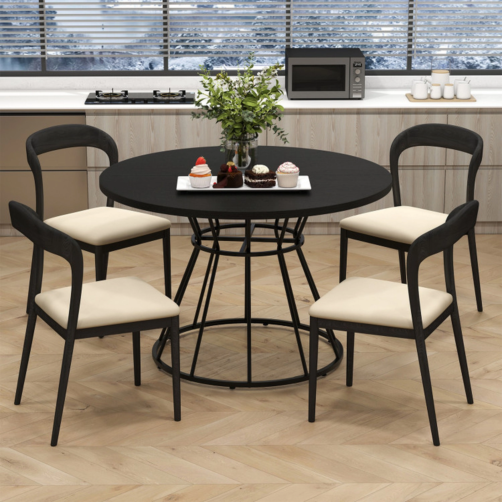 SUGIFT 47-in Round Farmhouse Dining Table for 4 with MDF Tabletop and Metal Frame 200-Lb Capacity Black