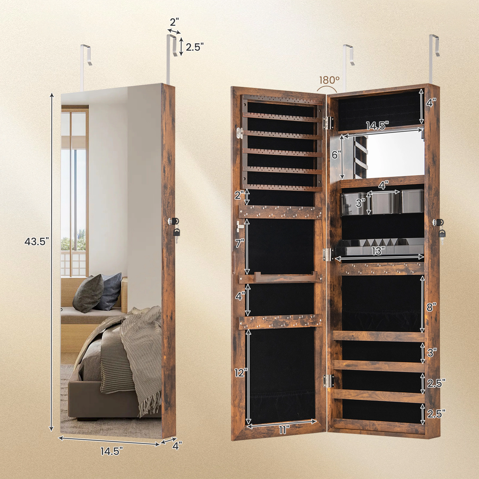 SUGIFT 43.5-in Rustic Brown Jewelry Storage Cabinet with Full-Length Mirror and Lockable Necklace Organizer