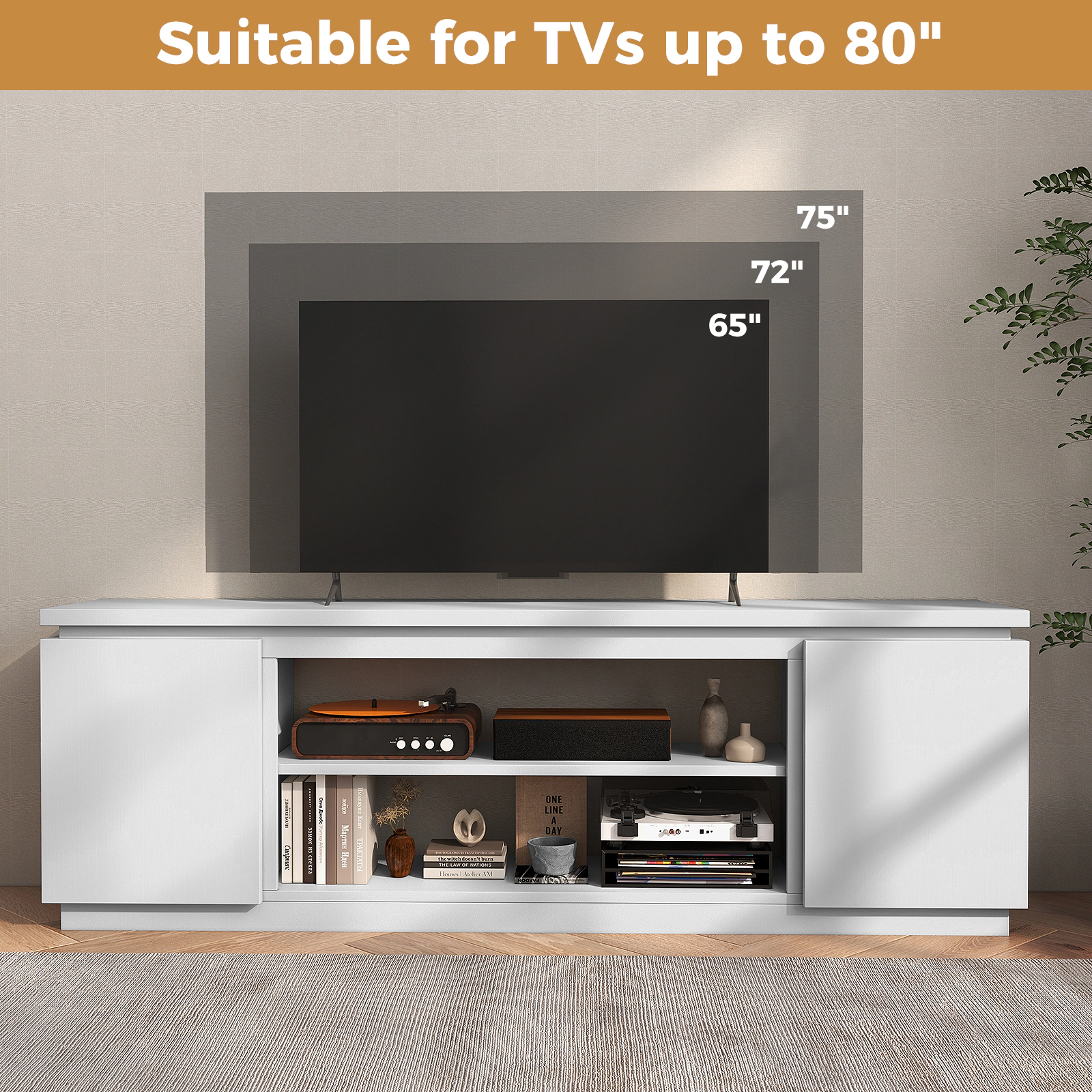 Glintex 70-Inch TV Cabinet with 3 Adjustable Shelves and Soft-Close Doors, White