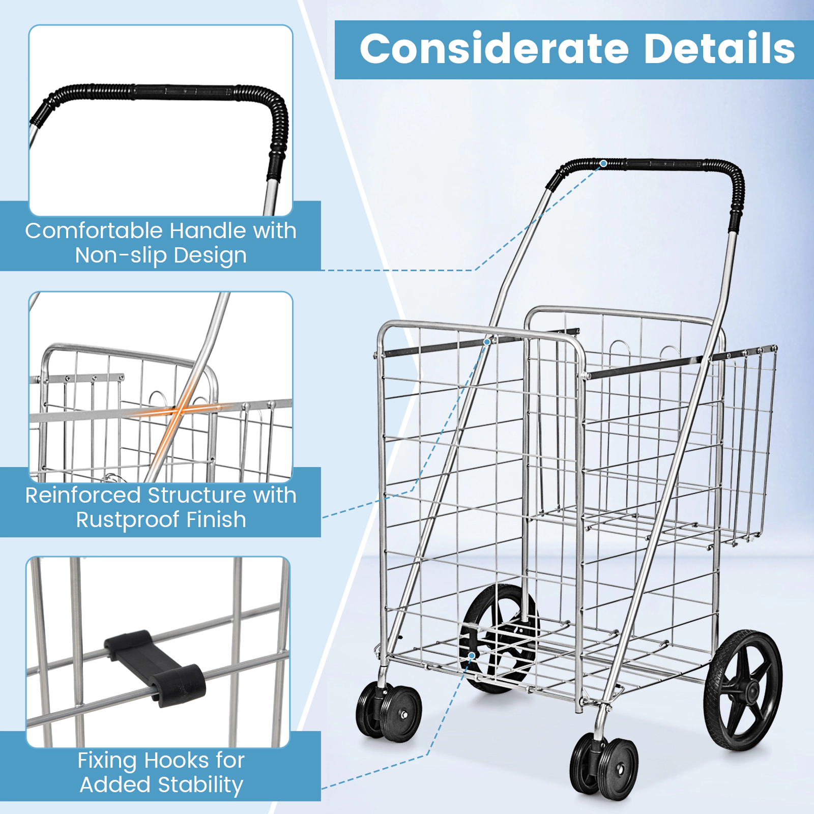 SUGIFT Folding Iron Shopping Cart for Laundry and Groceries with Swiveling Wheels 88-lb Capacity 40-in Tall Black
