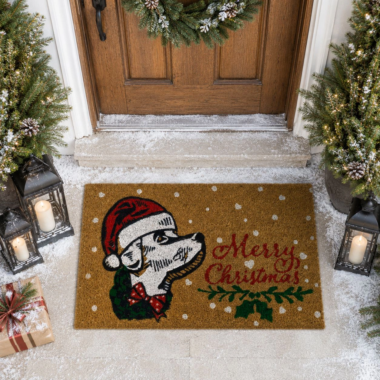 Kate Aurora Christmas Santa Golden Retriever Bristled Outdoor Welcome Mat - 18"x30"
