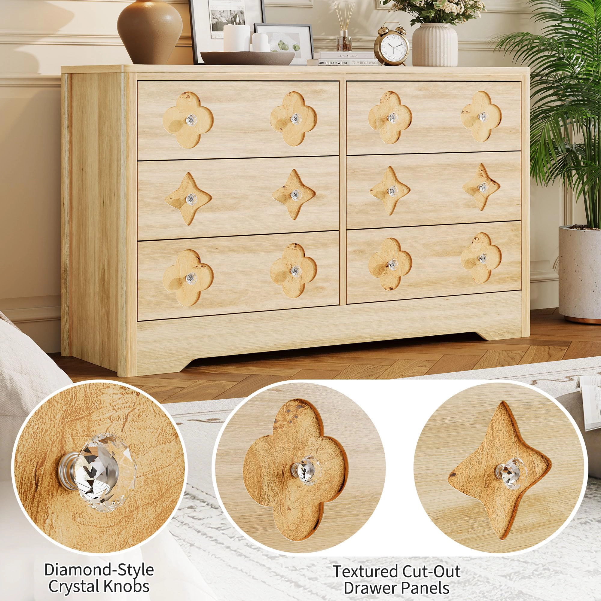 47.2" Wide 6 Drawer Wood Dresser with Crystal Knobs, Bedroom Storage Chest TV Stand Organizer