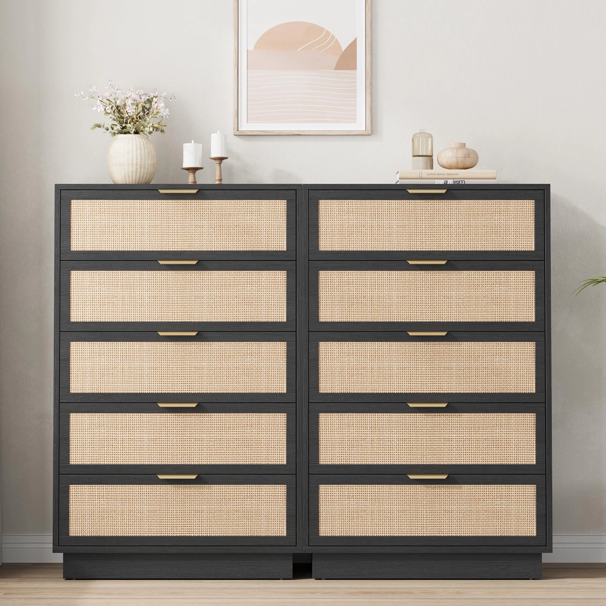 5 Drawer Rattan Dresser with Integrated Legs, Natural Wooden Storage Chest for Bedroom Entryway Closet