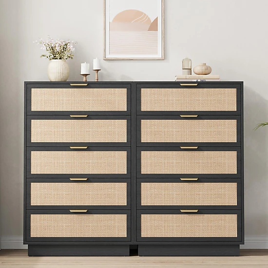 BebreezChic 5-Drawer Rattan Dresser, Wood Cabinet, Integrated Legs, Woven Design, Space-Saving, Black