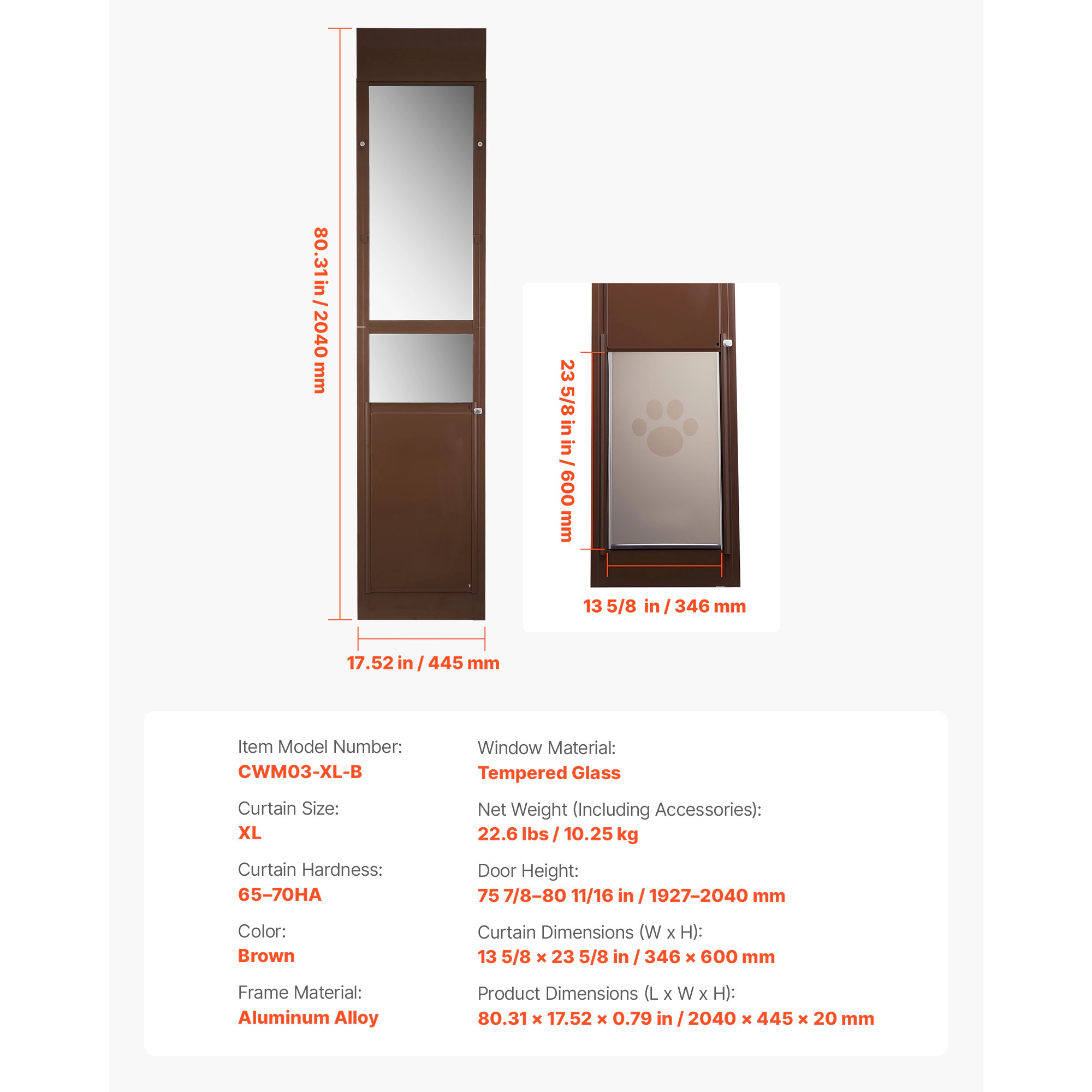 HONGGE Aluminum Frame Sliding Glass Dog Door for Large Pets, Adjustable Height 75 7/8-80 11/16 in with Lock, Brown