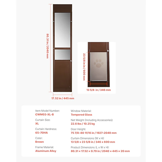 HONGGE Aluminum Frame Sliding Glass Dog Door for Large Pets, Adjustable Height 75 7/8-80 11/16 in with Lock, Brown