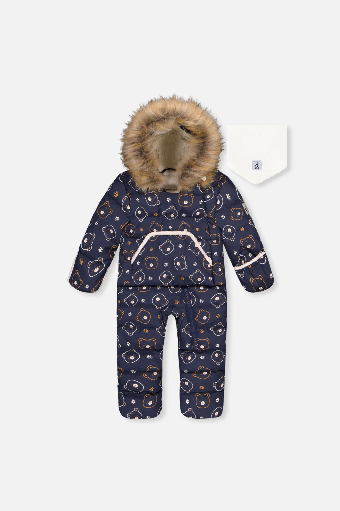Deux par Deux Girls Snug Teddy Bear Print One Piece Snowsuit Adapted for Car Seats with Faux Fur-Trimmed Hood