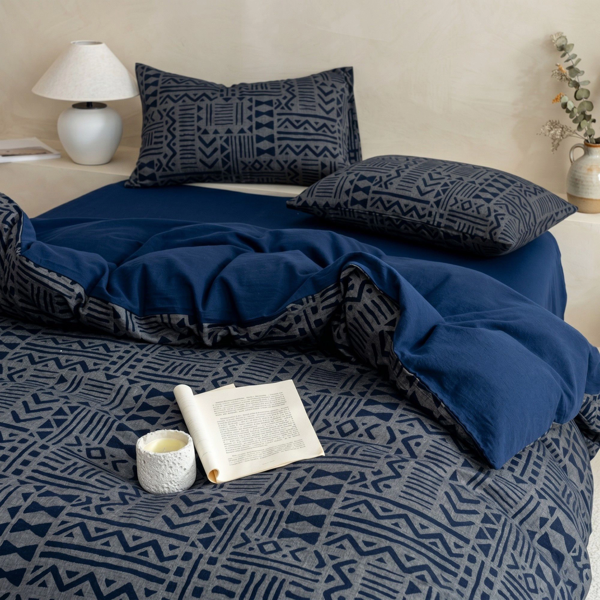 Alilang Unisex 4-Piece Cotton Double Gauze Bedding Set with Duvet Cover Flat Sheet and Pillowcases Textured Woven Patter