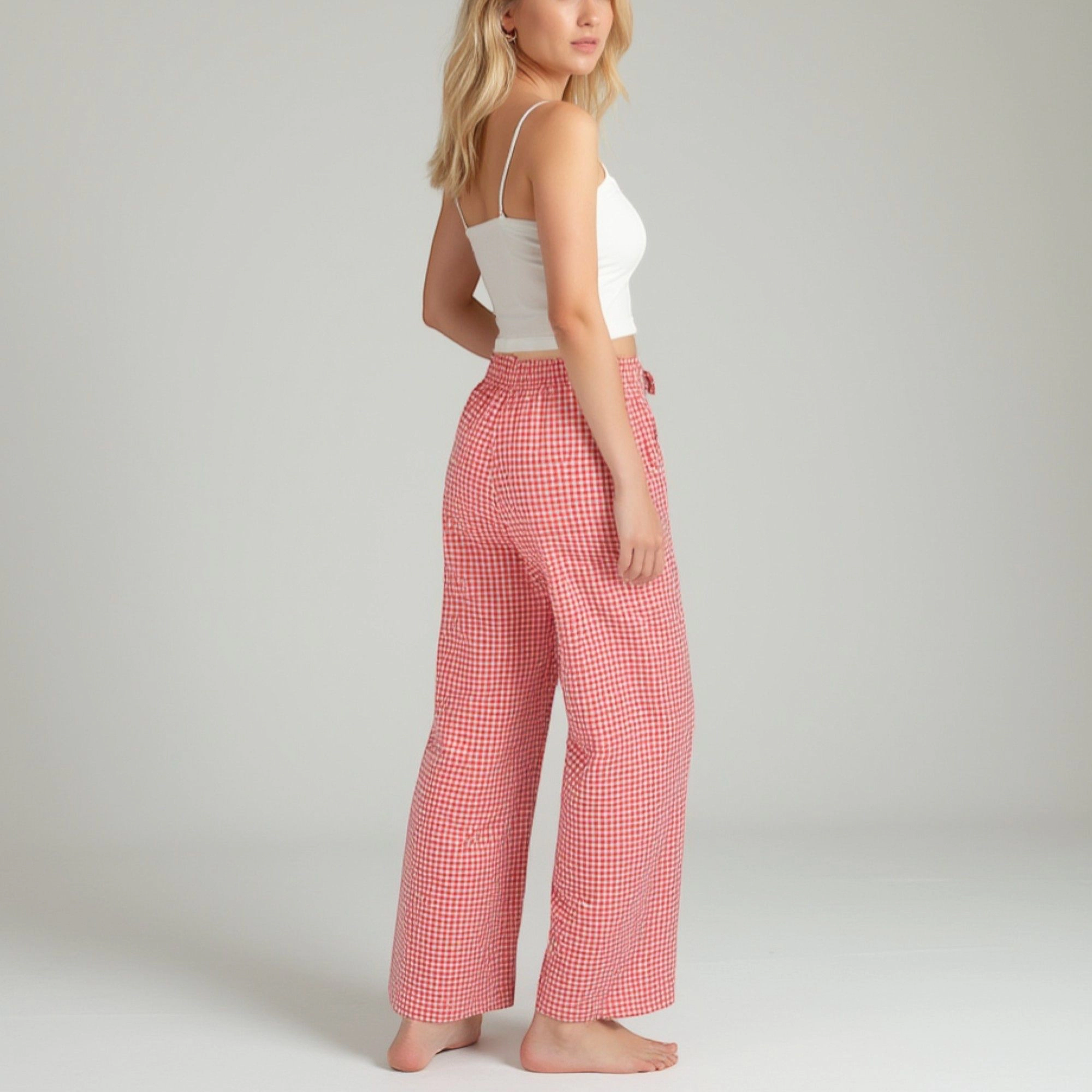 Anna-Kaci Women's Gingham Print Pajama Pants with Elastic Drawstring and Straight Leg Fitted