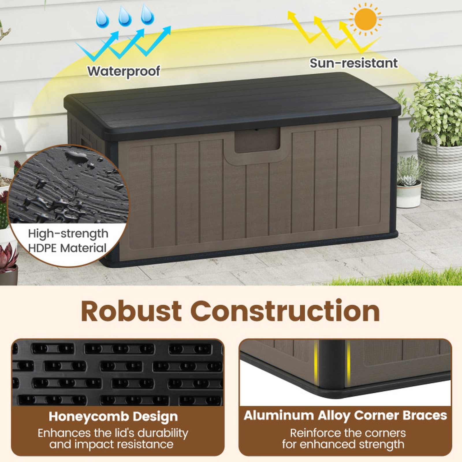 SUGIFT 100 Gallon HDPE Deck Storage Box with Lockable Lid 440-lb Bench Capacity 51-in Wide Patio Bench Black and Brown