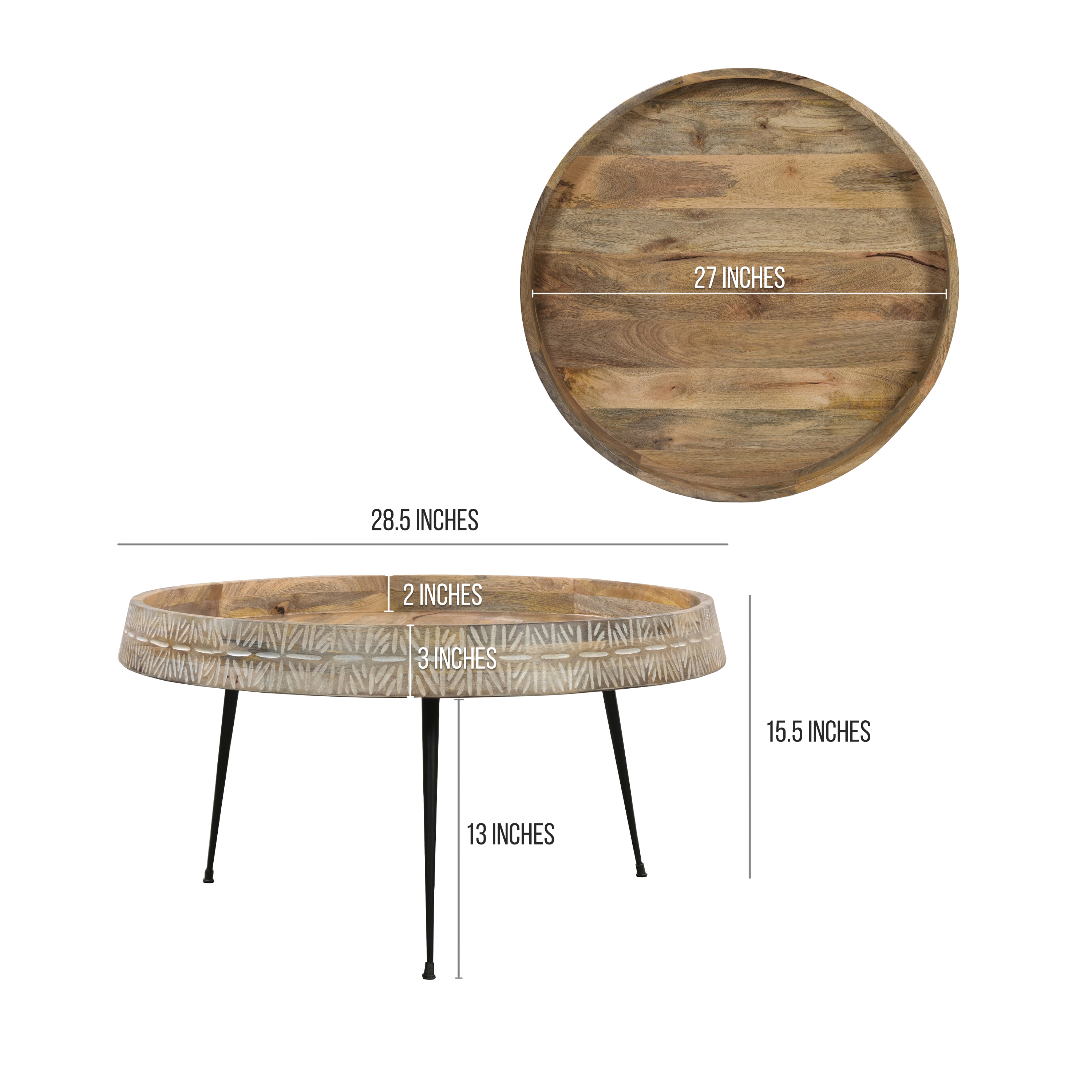 The Urban Port Gia 29 Inch Modern Handcrafted Round Coffee Table, Natural Brown Wood with Carved Edge, Black Iron Legs