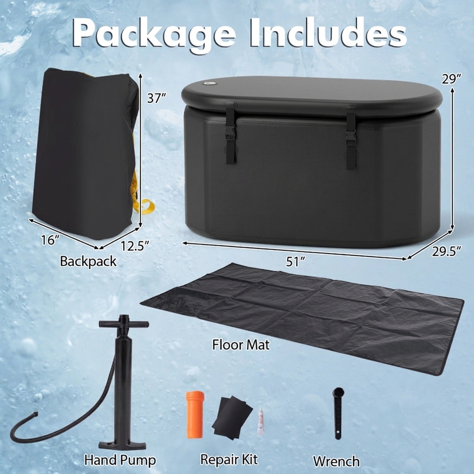 SUGIFT XL 129 Gal Oval Ice Bath Tub with Cover and Hand Pump 800-lb Capacity 51-in PVC Body Black/Gray