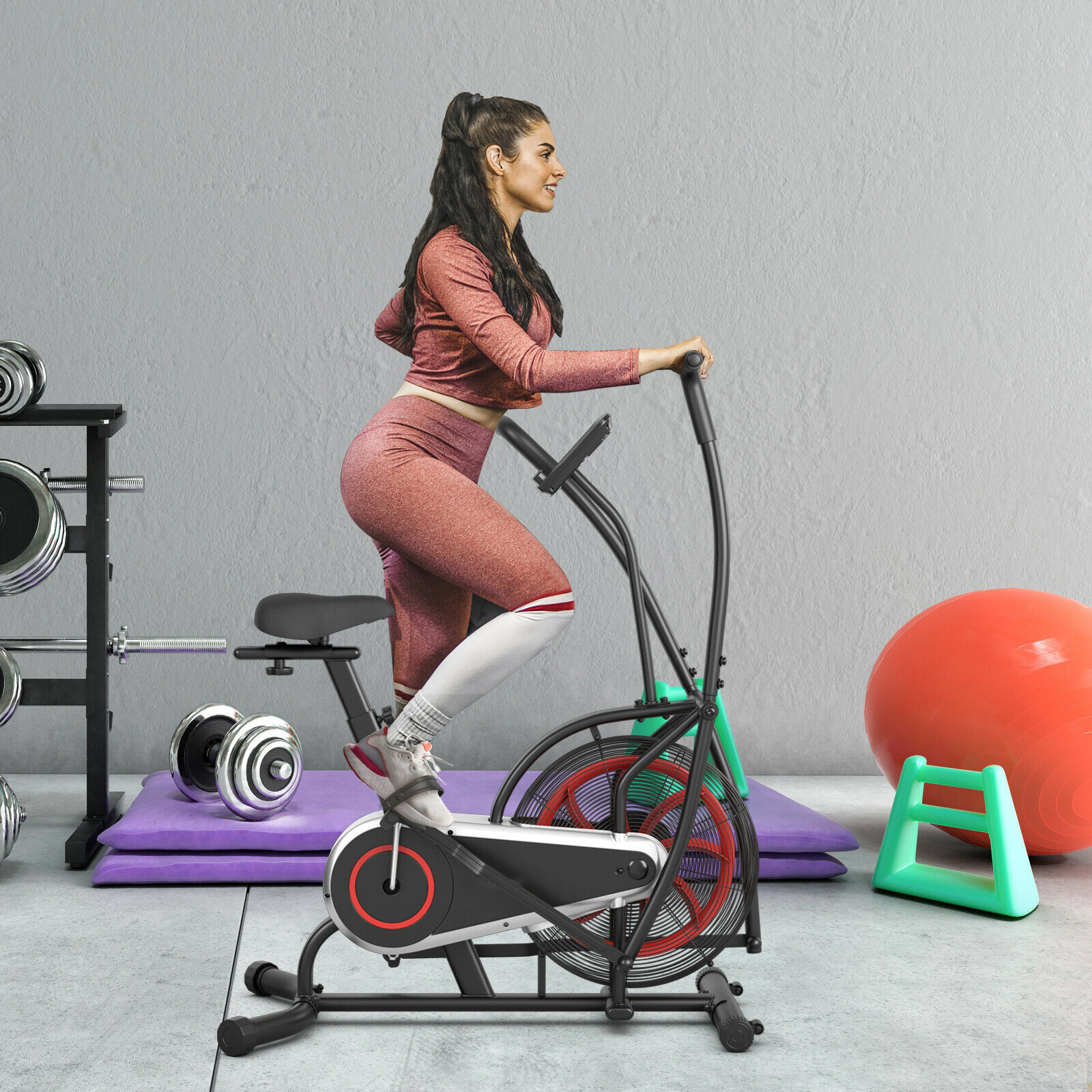 SUGIFT Unlimited Resistance Upright Air Bike Ab Machine 242.5-lb Capacity LCD Monitor Black and Red