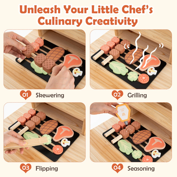 SUGIFT Wooden Barbecue Grill Playset with Chalkboard Sink and Cabinet 27-in Wide Countertop Ages 3+ 25-Piece Set Natural