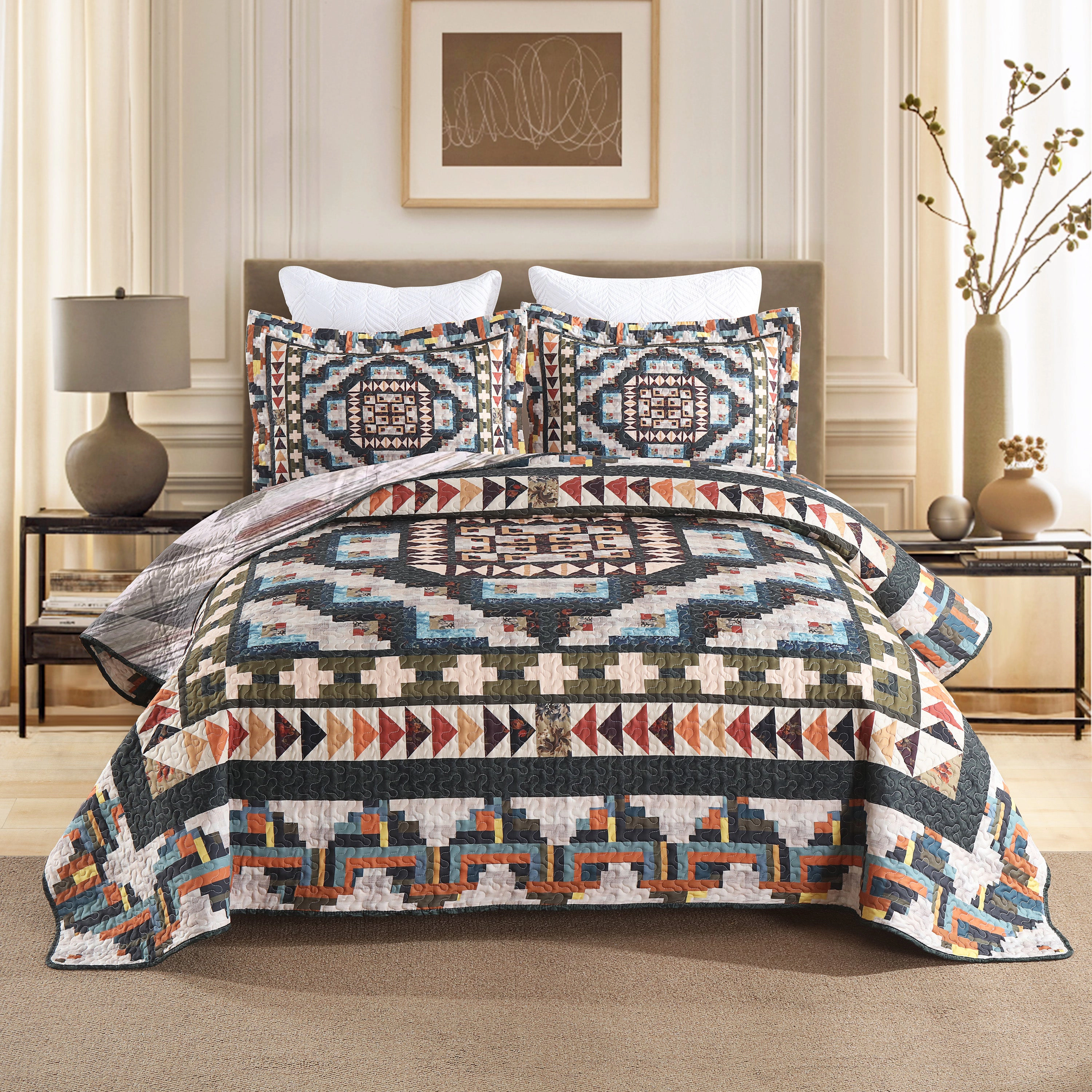 MarCielo 3 Pieces Reversible Southwestern Quilt Set,Geometric Bedspread Set