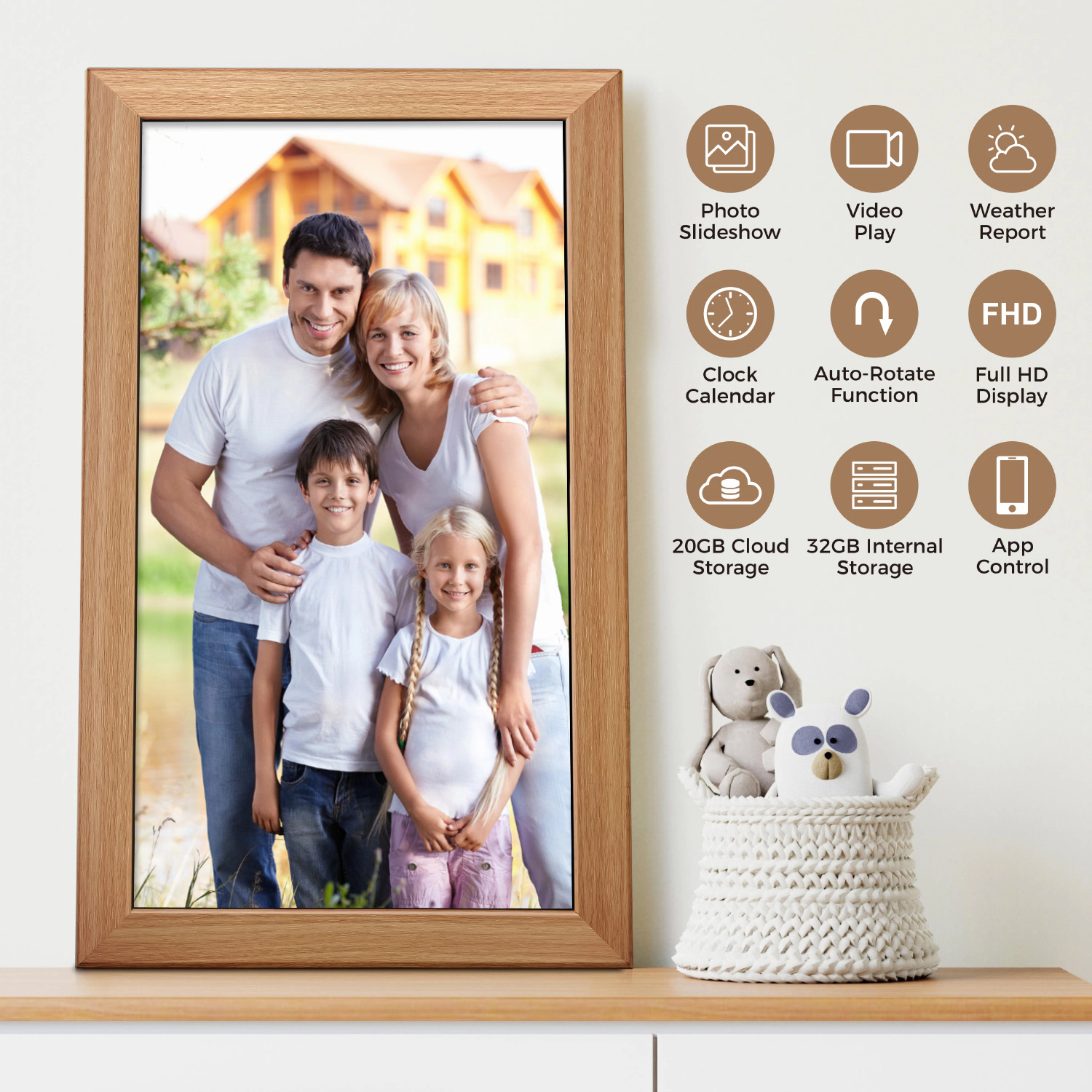 Sungale 21 Inch 1920x1080, Easy PhotoShare APP, 20GB Cloud Storage - Wooden Cloud Frame