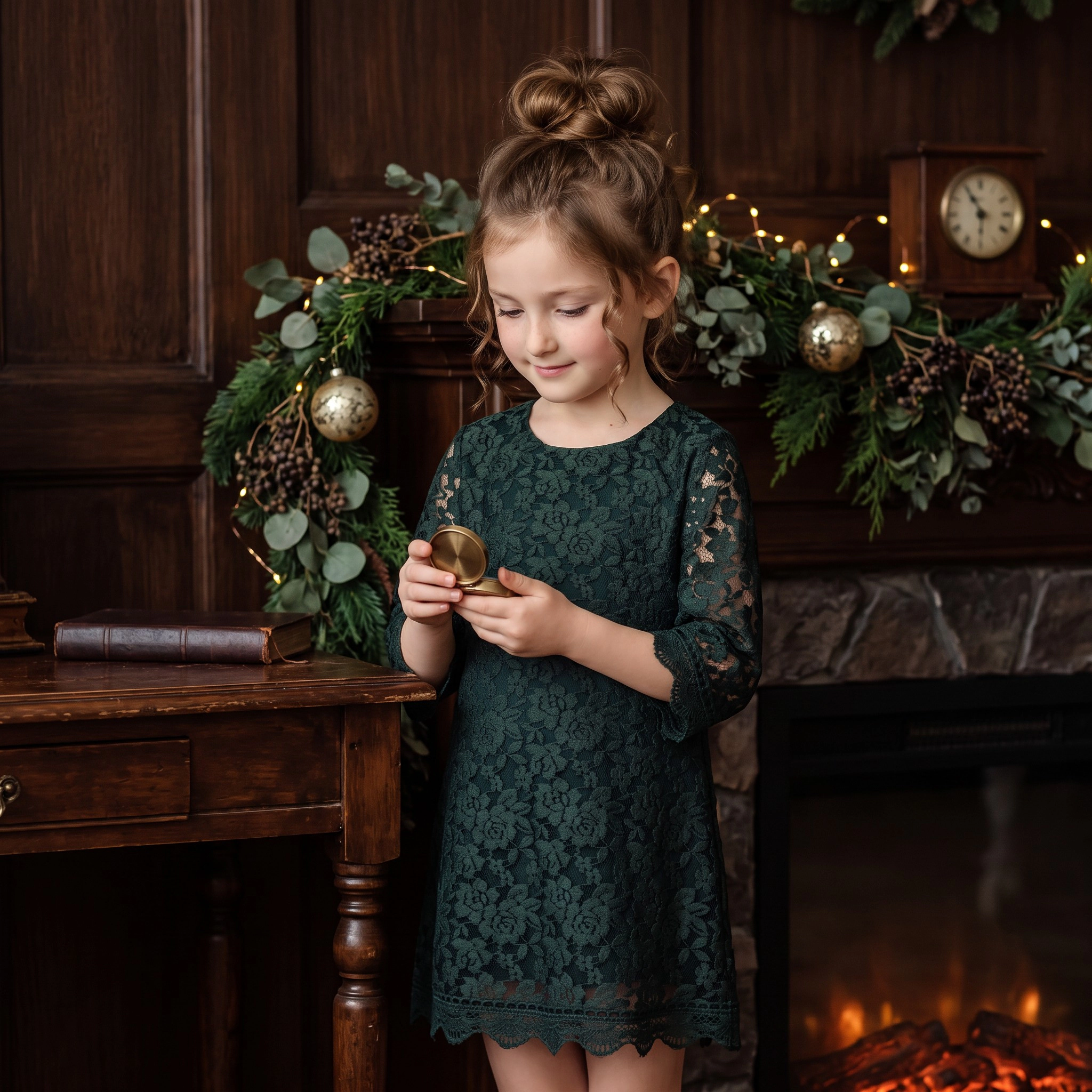 2Bunnies Girls' 12M-12Y Fall Holiday Boho Rustic Lace Scalloped Sleeve Flower Girl Dress