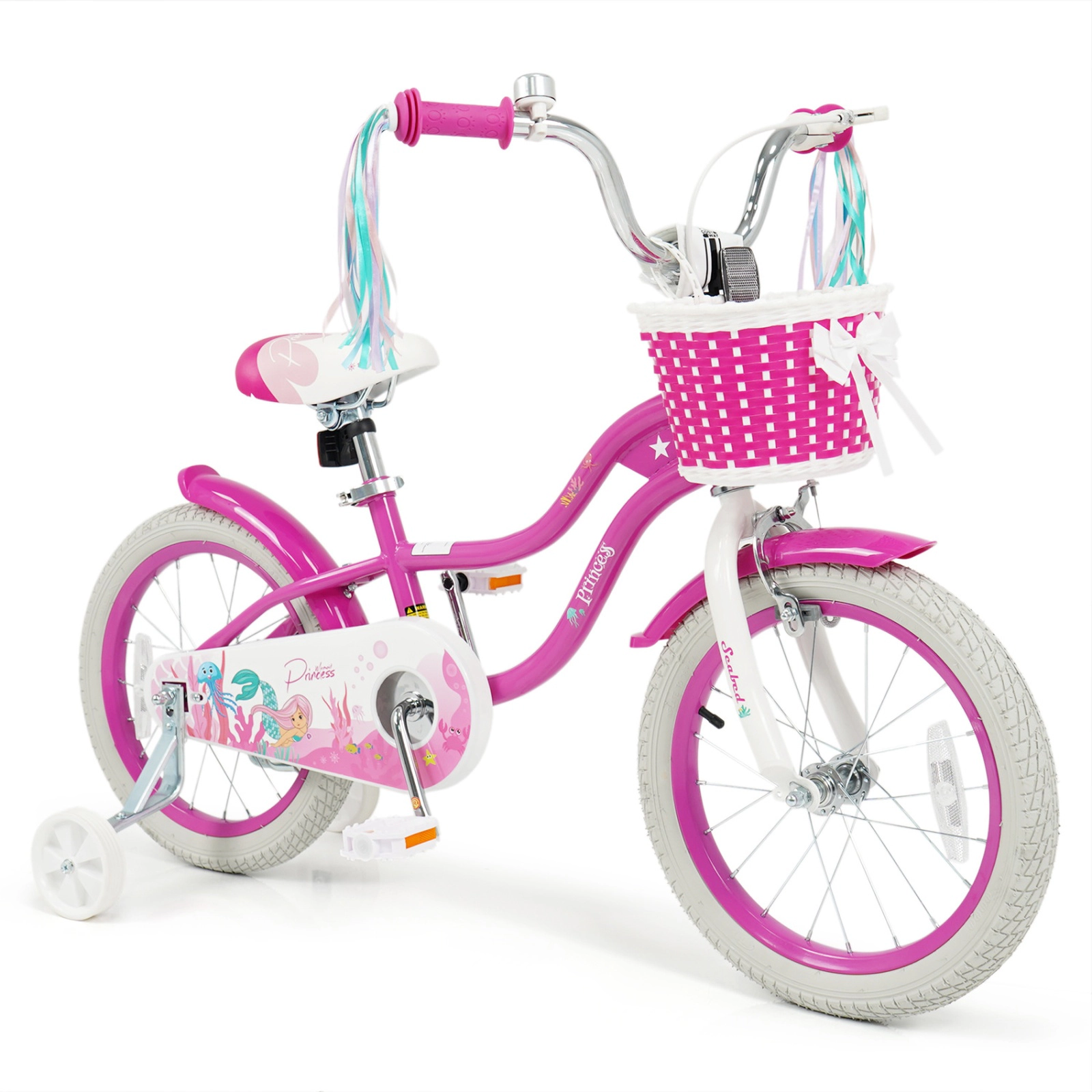 SUGIFT Princess of the Sea 16-Inch Kids Bike with Basket and Streamers 110-lb Capacity Ages 4-7 Rose Red