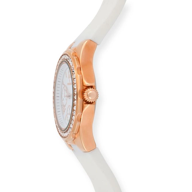 Peugeot Women's Rose Gold Wrist Watch with Crystal Bezel and Silicone Rubber Band